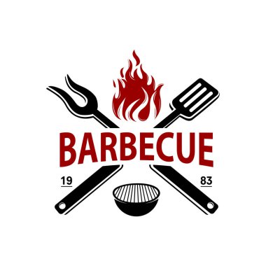 Barbekü logosu tasarımı. ızgara yiyecek, ateş ve spatula konsepti vektör düz illüstrasyon