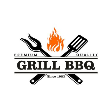 Barbekü logosu tasarımı. ızgara yiyecek, ateş ve spatula konsepti vektör düz illüstrasyon