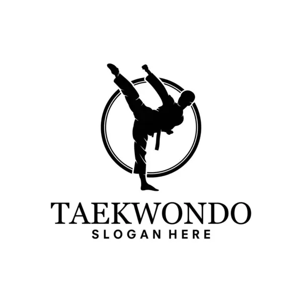 Vektör taekwondo logo şablonu. Dövüş sanatları rozet. Spor etkinlikleri, yarışmalar, turnuvalar için amblemi. Bir adam silüeti