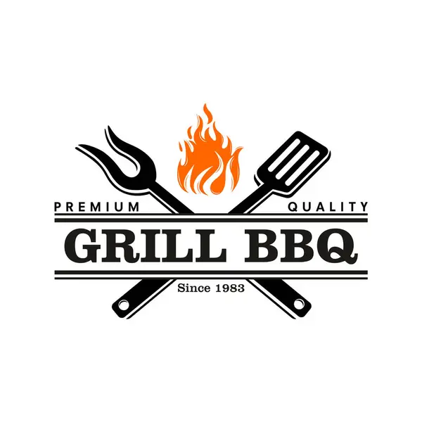 Barbekü logosu tasarımı. ızgara yiyecek, ateş ve spatula konsepti vektör düz illüstrasyon
