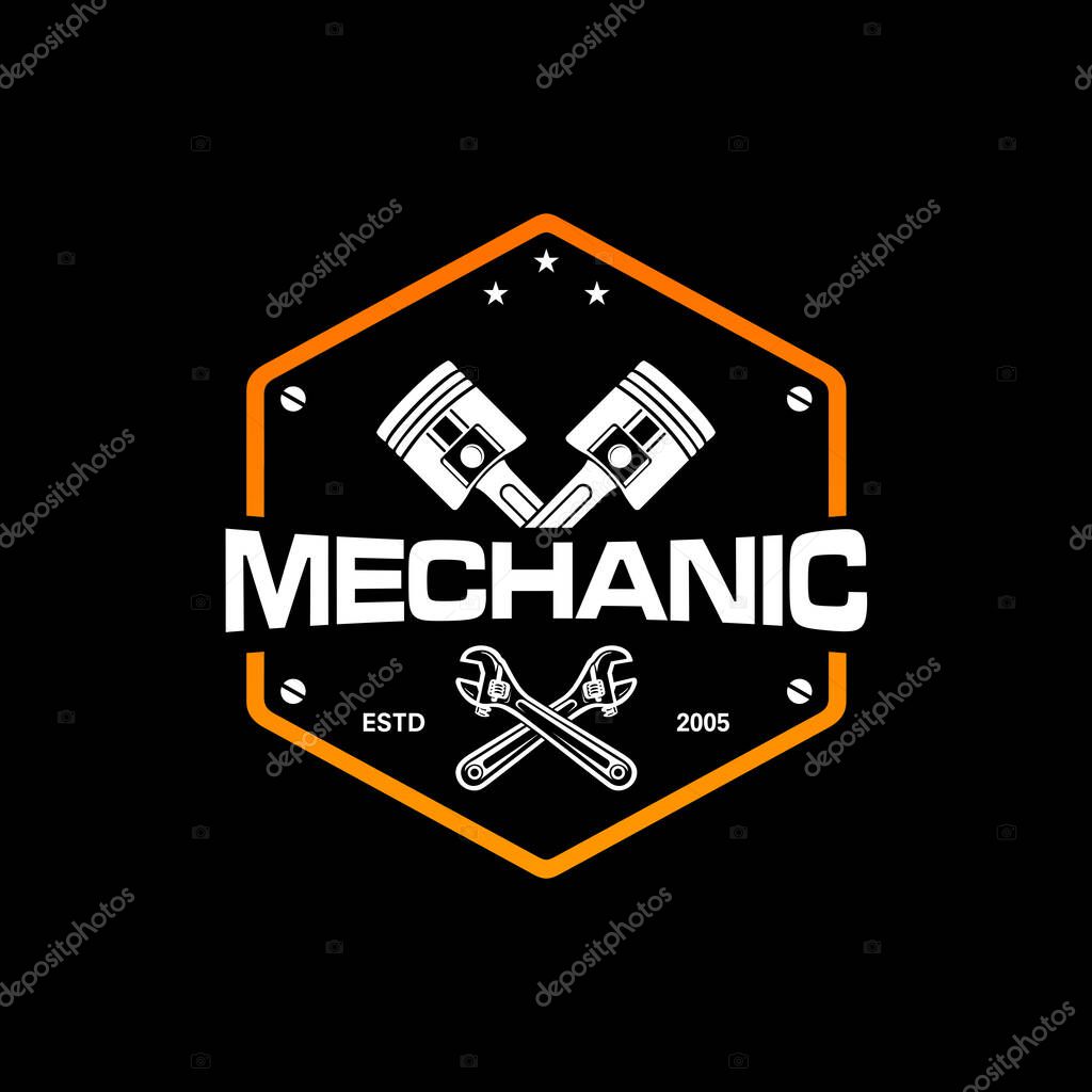 Gear and pistons. gear piston emblem logo. Emblem with Piston and Gear element. Perfect logo for automotive company.