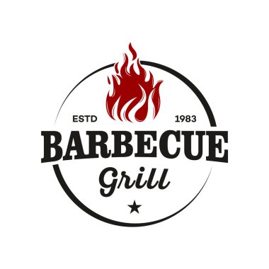 Barbekü logosu tasarımı. ızgara yiyecek, ateş ve spatula konsepti vektör düz illüstrasyon