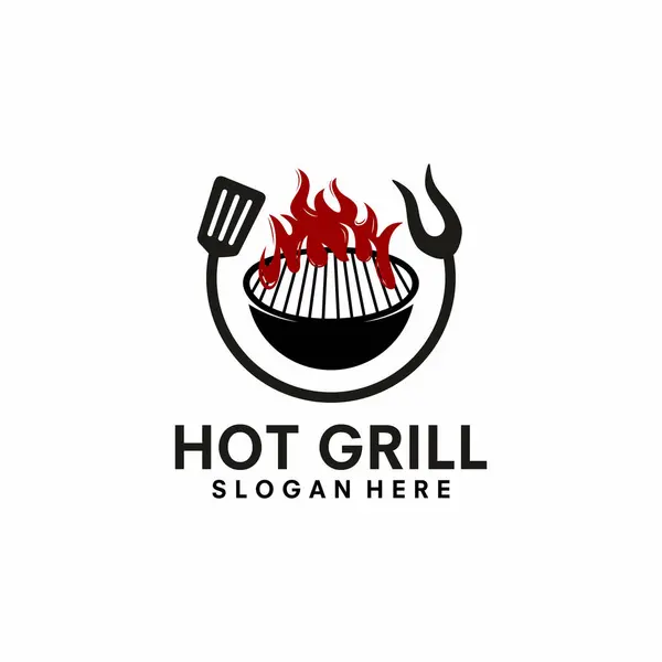 Barbekü logosu tasarımı. ızgara yiyecek, ateş ve spatula konsepti vektör düz illüstrasyon