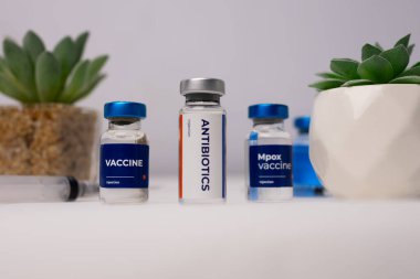 Sıvı antibiyotiklerin ön görüntüsü ve klinik odasındaki masanın üzerinde süs çiçekleri olan aşılar. sağlık ve tıbbi kavramlar