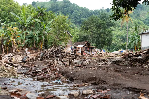 Etrafına enkaz saçılmış hasarlı bir ev. Situbondo, Doğu Java, Endonezya 'da 5 Şubat 2025' te sel felaketi