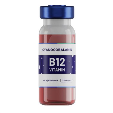Beyaz zemin üzerinde sıvı b12 vitamini izole edilmiş. 3 boyutlu görüntüleme. sağlık ve tıbbi kavramlar