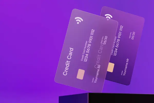 Siyah podyumda duran şeffaf ve sağlam kredi kartı fotokopi alanı arka planı olarak kullanılabilir. Mali konsept.