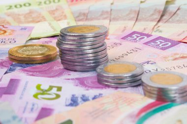 Meksika paraları ve farklı banknotlar.