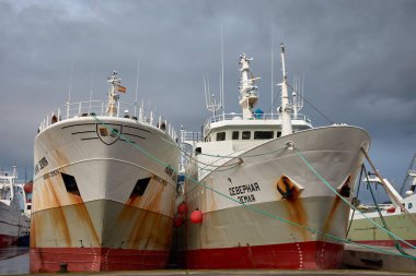 Vigo, Pontevedra, İspanya; Aralık, 18. 2022; Bulutlu bir günde Vigo limanına demirlenmiş, pası olan iki dondurucu balıkçı teknesi.
