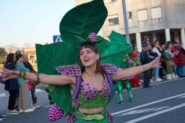 BAIONA, PONTEVEDRA, İSPA; Şubat 03.2024: Baiona İl Konseyi 'nin erken karnavalında tiyatro toplulukları geçidi