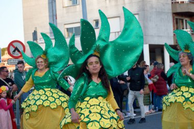 BAIONA, PONTEVEDRA, İSPA; Şubat 03.2024: Baiona İl Konseyi 'nin erken karnavalında tiyatro toplulukları geçidi
