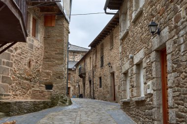 Puebla de Sanabria 'da taş binaları ve çiçekleri olan eski köy, Zamora, Castilla y Leon, İspanya