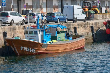 Vigo, Pontevedra, İspanya; 29 Haziran 2021; Maria Rita gemisi, ana limanı Redondela, Pontevedra 'da bulunan ve Cantabrian Denizi' nde bulunan ahşap bir balıkçı teknesi..