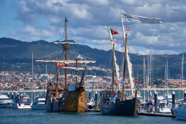 Baiona, Pontevedra,Spain; March, 06,2022;The replicas of the caravel that Christopher Columbus used to discover America and the Portuguese Vera Cruz that was the first to be able to sail against the wind, allowing oceanic trips; If the winds were alw clipart