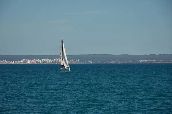 Küçük ve yalnız bir yelkenli Palma de Mallorca körfezinin sakin sularında yelken açar.