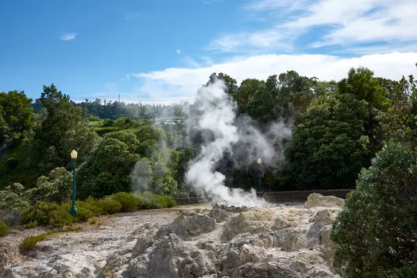 Caldeiras do Vulco das Furnas 'ın faaliyetleri farklıdır, bazıları kurudur, bazıları ise büyük bir sıcak su akışına sahiptir. Las Furnas, Sao Miguel, Azores 'de de fümeroller, kaynayan çamur ve kaplıcalarda görülebilir..