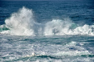 Waves break at Cabo Silleiro on the Baiona breakwater on the coast of Galicia, Spain clipart