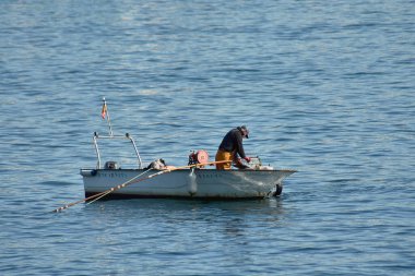 Deniztarağı balıkçısı Vigo, Pontevedra, Galiçya, İspanya 'da bir sırıkla