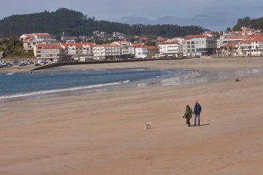 Bir çift köpeğiyle Nigran, Pontevedra, İspanya 'da Playa America boyunca yürür.