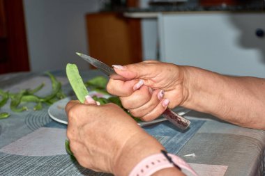 Yaşlı bir kadının elleri dikkatle yeşil fasulyeleri bıçakla doğrarken onları pişirmeye hazırlıyor. Zaman ve tecrübeyle işaretlenmiş, yıpranmış ama becerikli eller, aşk ve adanmışlıkla hazırlanmış sayısız yemeğin hikayesini anlatır.