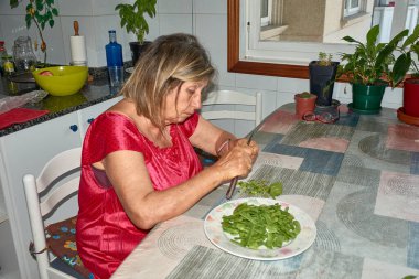 Mutfak masasında oturan yaşlı bir kadın dikkatlice yeşil fasulyeleri bıçakla kesiyor. Sahne, geleneksel yemek pişirme yöntemlerinin nesilden nesile aktarıldığı günlük hayatın basitliğini ve konforunu yansıtıyor..