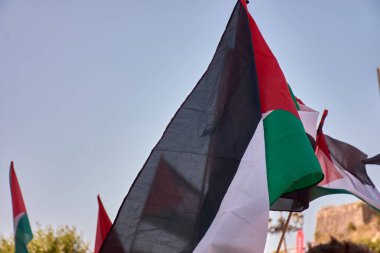 Filistin bayrakları Vuelta a Espaa 'nın bitiş çizgisinde toplandı. Bayrakların sergilenmesi, bu büyük uluslararası spor etkinliği sırasında dayanışma ve siyasi ifadenin bir göstergesi.