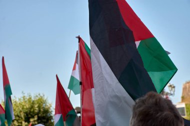 Presence of Palestinian flags raised in protest at the finish line of the Vuelta a Espaa. The display of the flags symbolizes a statement of solidarity and political expression during this major international sporting event clipart