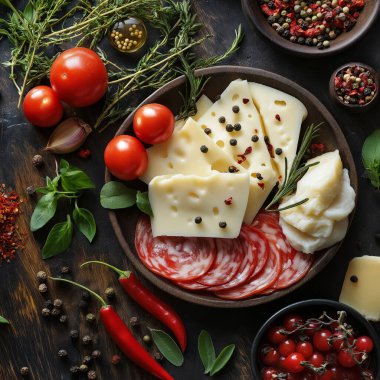 El yapımı bir görüntü. Taze biberiye filizleriyle süslenmiş ahşap bir tahtanın üzerinde servis edilen gurme bir peynir tabağı. Peynir altın sarısı, hafif köpüklü ve mükemmel bir şekilde erimiş, davetkar bir aroma yaratıyor.. 