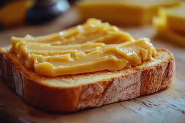 El yapımı bir görüntü. Kremalı fıstık ezmesi ve parlak jöle ile kaplanmış sıcak, altın bir ışıkla yıkanmış bir tost diliminin çarpıcı yakın çekimi. Yumuşak dokular ve canlı renkler onu Ulusal Fıstık Ezmesi 'nin mükemmel bir temsilcisi yapıyor. 