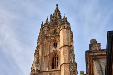 Bu çarpıcı görüntü Oviedo Katedrali 'nin Gotik Kulesi' ni güneş ışığının son ışıklarıyla kaplıyor. İspanya 'nın Asturias şehrinde yer alan bu tarihi katedral, karmaşık taş oymaları ve etkileyici bir şekilde yer alan ortaçağ mimarisinin bir başyapıtıdır.