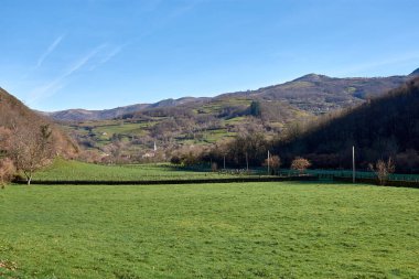 İspanya 'nın Asturias kentindeki Redes Doğal Parkı' nda manzaralı bir patikada yürürken yakalanan nefes kesici yeşil çayır. Canlı çayırlar, el değmemiş doğa ve taze dağ havasıyla çevrili yuvarlak tepeler boyunca uzanır.. 