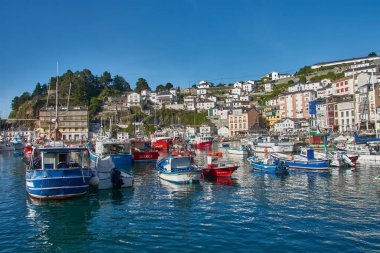 Luarca, Asturias, İspanya; 29 Mart 2025: İspanya 'nın Asturias kentindeki Luarca limanı, güneşli bir günde hem eğlence hem de balıkçı tekneleriyle dolu. Açık mavi sular renkli damarları yansıtıyor ve canlı bir manzara yaratıyor. Resim Vurgulaması