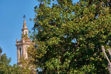 İspanya, Asturias, Vegadeo 'daki Nuestra Senora de La Asuncion Kilisesi' nin çan kulesi güneşli bir gökyüzünün altında. Kulenin detaylı mimarisi ve tarihi önemi vurgulandı. 