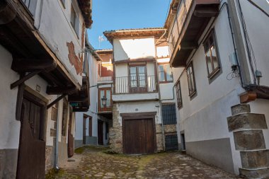 Candelario, Salamanca 'nın pitoresk köyündeki dar bir kaldırım taşı sokak, geleneksel taş evler ve beyaz boyalı duvarlarla çevrili. Çiçek saksıları, huzurlu kırsal alana renk katar.. 