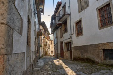 Candelario, Salamanca 'nın pitoresk köyündeki dar bir kaldırım taşı sokak, geleneksel taş evler ve beyaz boyalı duvarlarla çevrili. Çiçek saksıları, huzurlu kırsal alana renk katar.. 