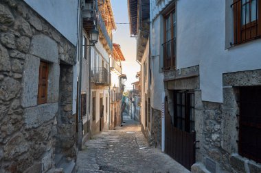 Candelario, Salamanca 'nın pitoresk köyündeki dar bir kaldırım taşı sokak, geleneksel taş evler ve beyaz boyalı duvarlarla çevrili. Çiçek saksıları, huzurlu kırsal alana renk katar.. 