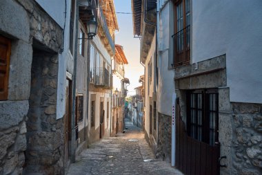 Candelario, Salamanca 'nın pitoresk köyündeki dar bir kaldırım taşı sokak, geleneksel taş evler ve beyaz boyalı duvarlarla çevrili. Çiçek saksıları, huzurlu kırsal alana renk katar.. 