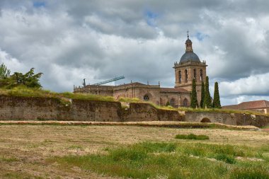 Santa Maria Katedrali, selvi ağaçları ve Kadim duvarlarıyla çevrili arka planda görkemli bir şekilde yükselirken, ön planda çiçeklerle dolu bir alan var.. 