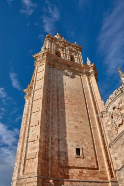 Soria, Kastilya ve Leon ilindeki El Burgo de Osma 'nın Varsayımı Katedrali. İspanya, görkemli Gotik kulesi ve özenle döşenmiş taştan cephesi. 