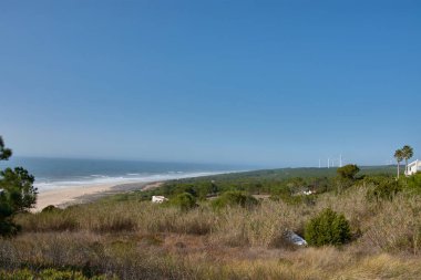 Nazare plajı yakınlarındaki tepelerde, çeşitli rüzgar türbinleri yeşil manzaraya ve mavi gökyüzüne karşı durmaktadır. Sahne kıyı doğası, sürdürülebilir teknoloji ve görsel uyumun birleşimi, yenilenebilir enerji ve eko-turizmi temsil etmek için ideal.