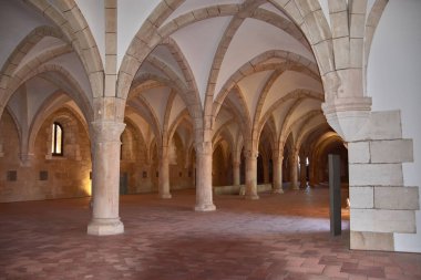 The novices' dormitory at the Alcobaca Monastery extends like a large Gothic hall with stone columns, a soaring vault, and natural light pouring in through arched windows. 