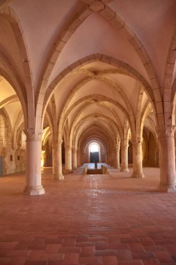 The novices' dormitory at the Alcobaca Monastery extends like a large Gothic hall with stone columns, a soaring vault, and natural light pouring in through arched windows. 