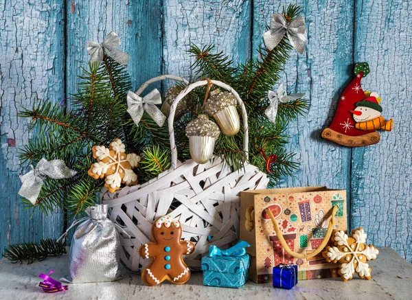 Still Life Christmas Decorations Spruce Branch Holiday Postcard — Stock Photo, Image