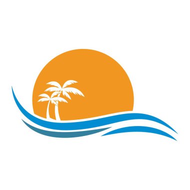 Palm Tree ve Waves tasarım illüstrasyonlu Tropik Plaj Günbatımı