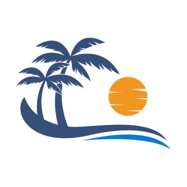 Palm Tree ve Waves tasarım illüstrasyonlu Tropik Plaj Günbatımı
