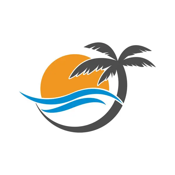 Palm Tree ve Waves tasarım illüstrasyonlu Tropik Plaj Günbatımı