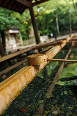 Geleneksel bir bambu kepçesi Shinto Tapınağındaki sığ bir su havzasının üzerinde dinleniyor