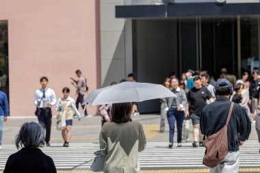 Canlı şehir ortamı. Şenlikli şehir sahnesinde, parlak gün ışığında bir zebranın karşısına geçen sayısız insan görülüyor. Sahnenin ortasında elinde güneş şemsiyesi tutan bir kadın görülüyor..