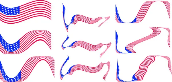 Amerikan vatanseverlik bayramı ve şenlik arkaplanları için dinamik bayrak seti kırmızı beyaz mavi soyut unsurları şekillendiriyor