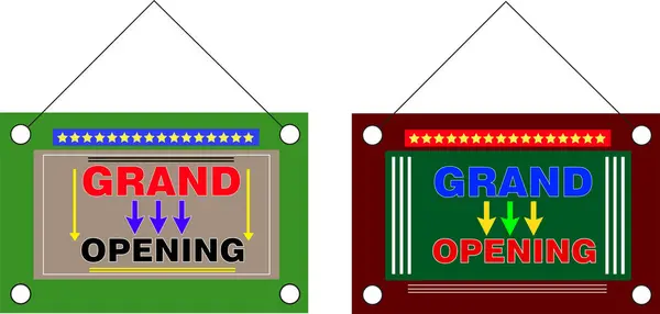 : Mağaza açılışı ve mağaza duyurusu için renkli asılı pano ile büyük açılış vektör tasarımı